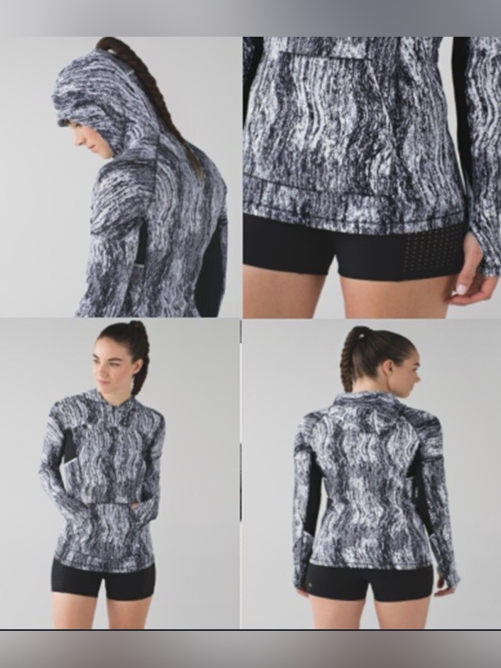Women's Marble-Print Hooded Pullover - Black & White